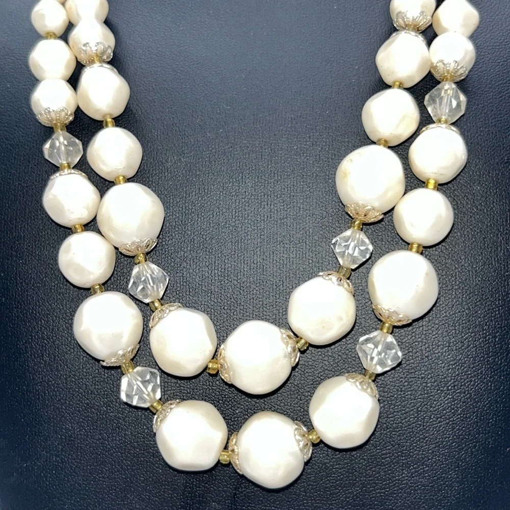 2 pretty vintage beaded necklaces-gold tone and white MCM classic timeless glam